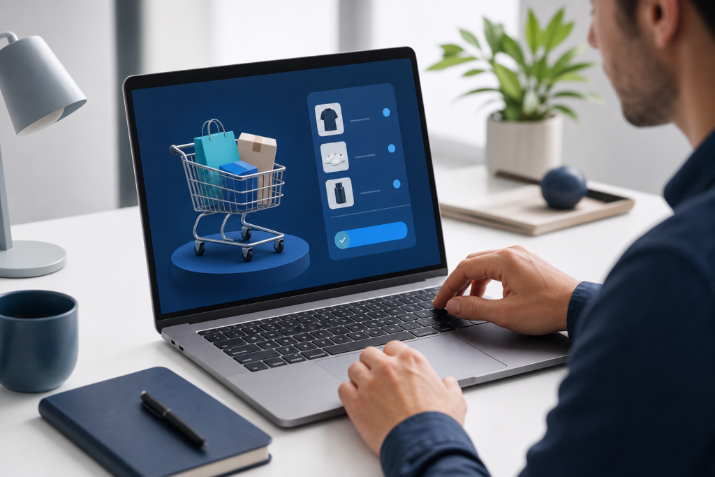 Professional workspace showing an online retailer reviewing shopping cart optimization on a laptop