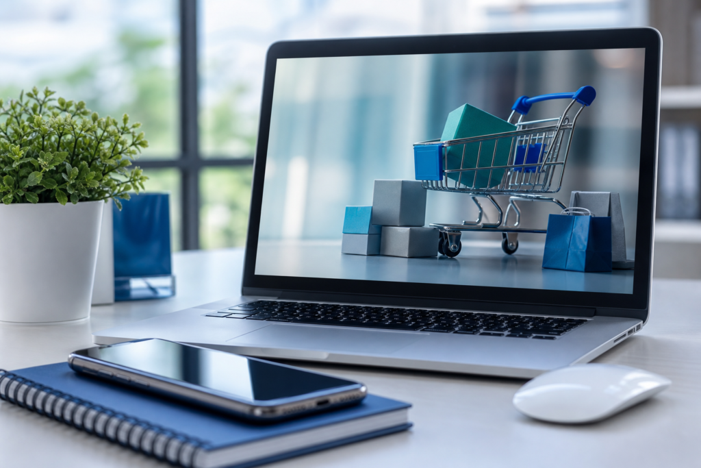 Professional editorial image showing an e-commerce shopping cart and checkout experience on laptop and mobile
