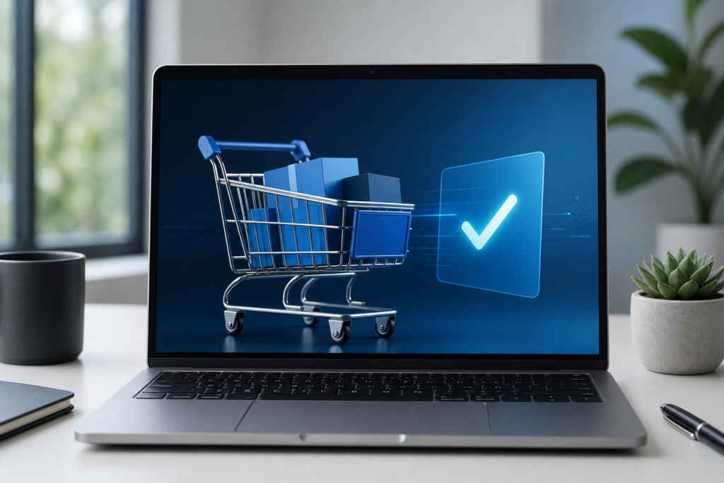 Professional e-commerce shopping cart optimization concept in a modern workspace