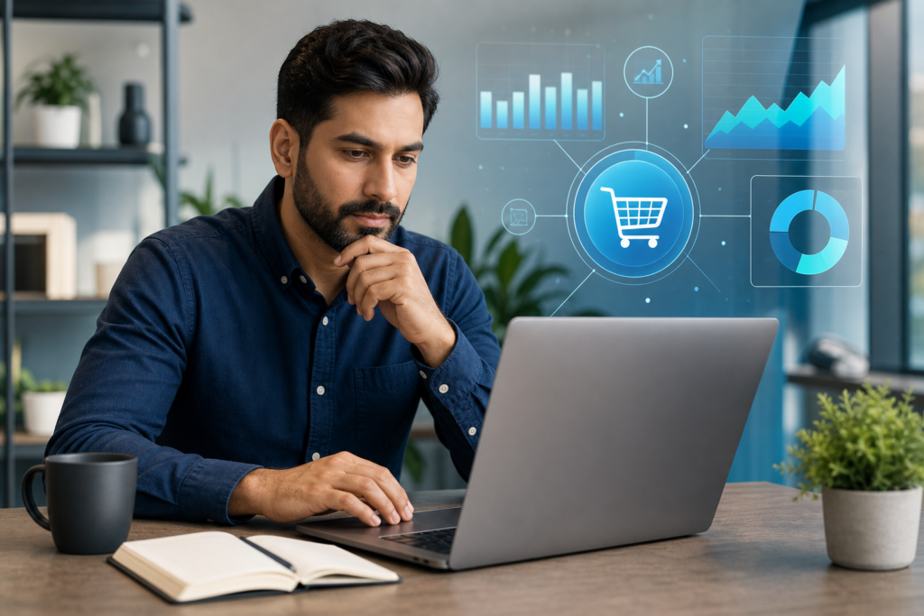 Ecommerce strategist reviewing shopping cart optimization options on a laptop