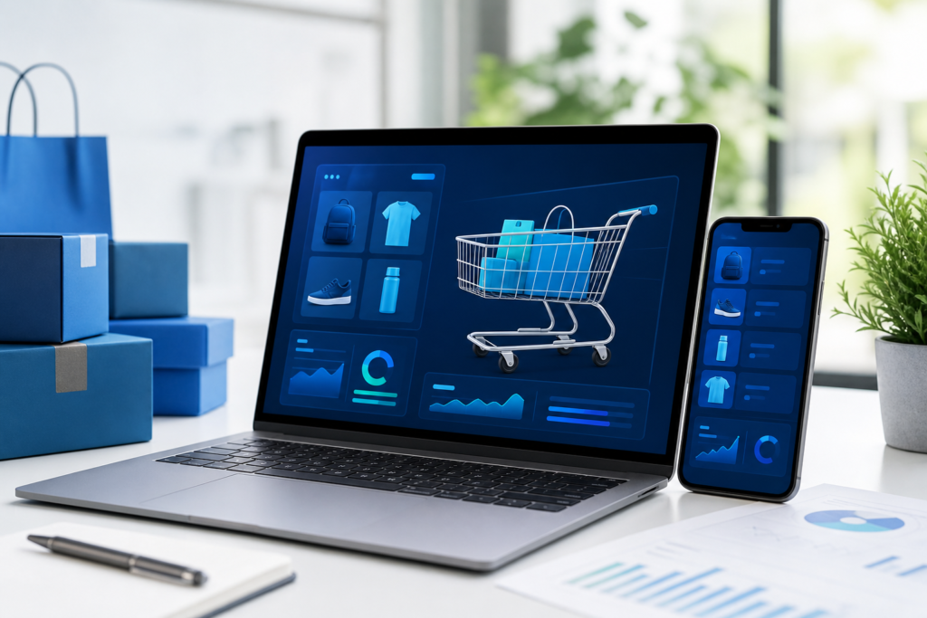Professional ecommerce shopping cart optimization concept on laptop and smartphone