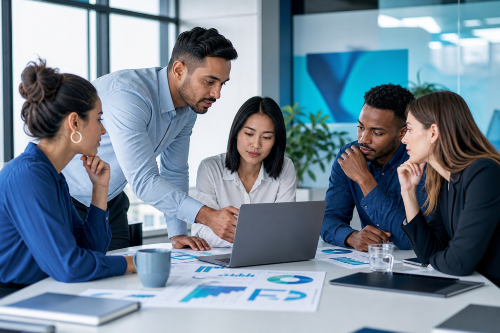 B2B marketing team planning a social media strategy in a modern office