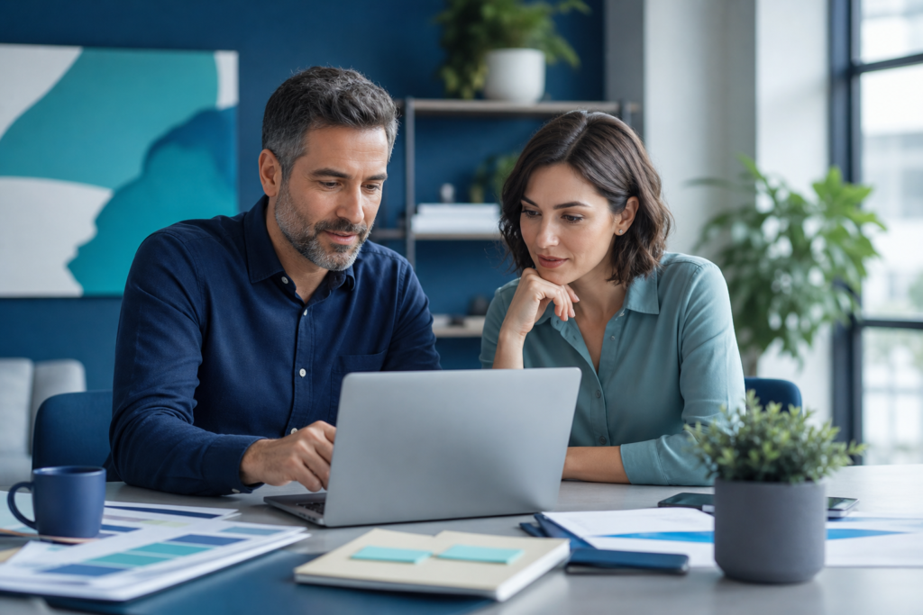 Small business owner and UX designer reviewing website user experience on a laptop