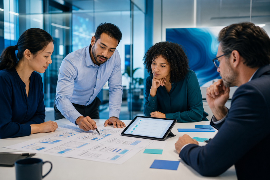 Enterprise team reviewing a user experience design checklist in a modern workspace