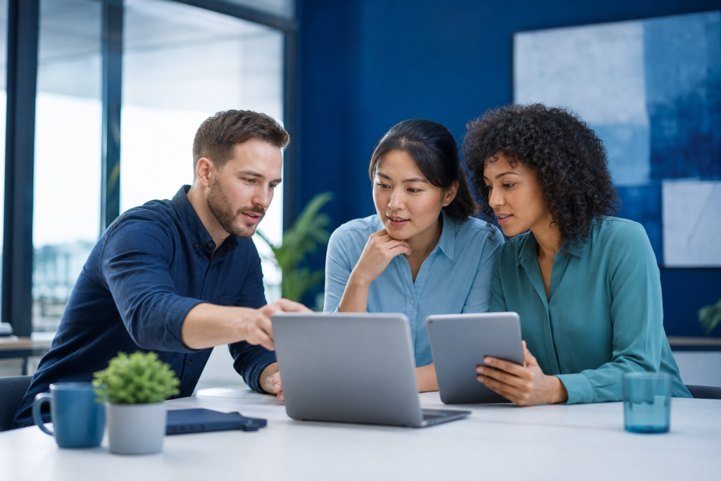Small business team reviewing a user experience design checklist on a laptop and tablet