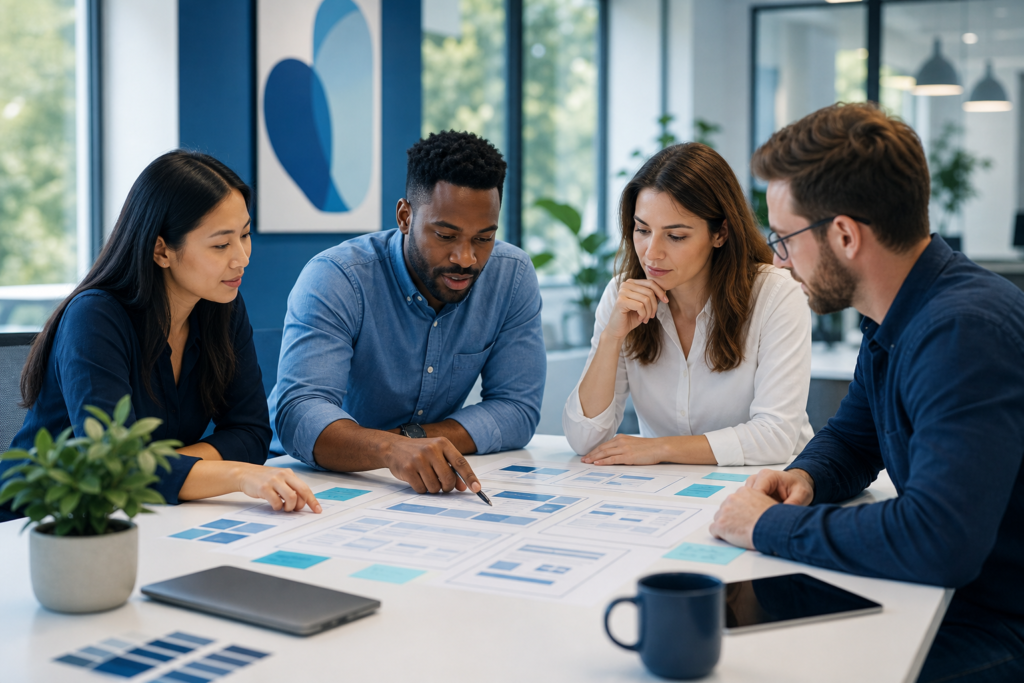 Small business team reviewing user experience design plans in a modern office