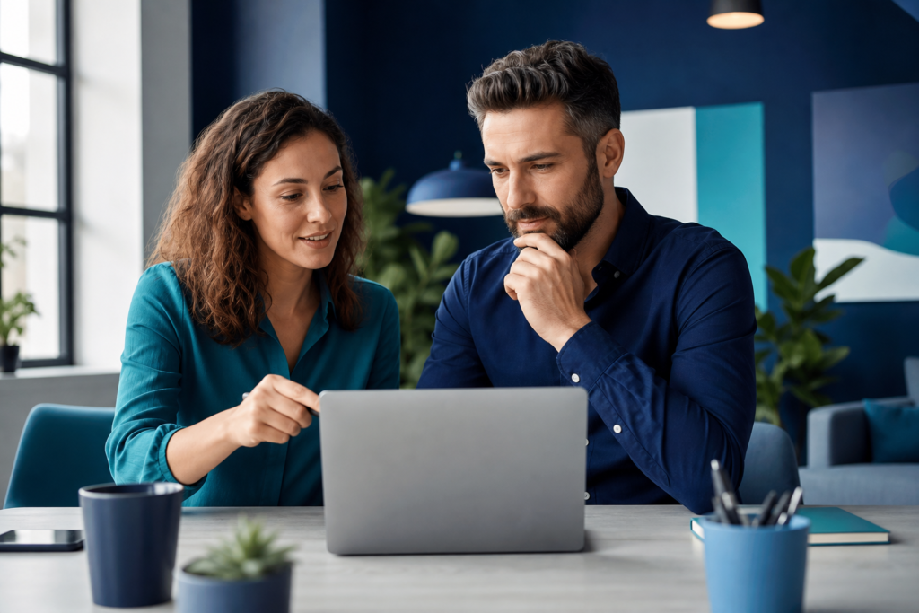 Small business owner and UX designer reviewing website wireframes in a modern workspace