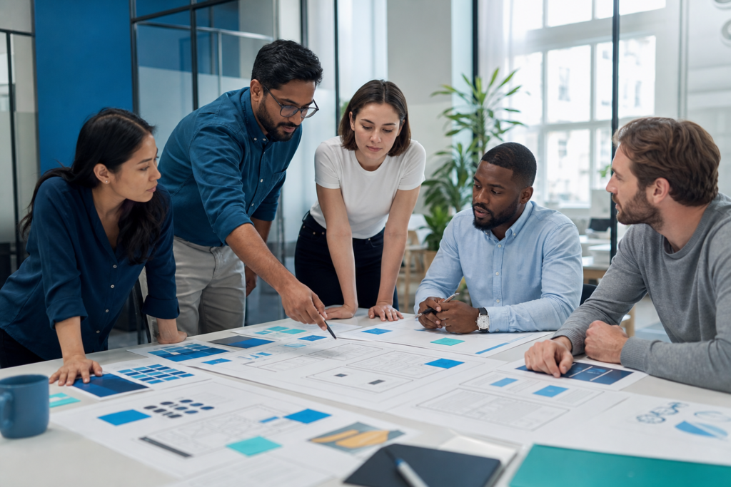 Enterprise UX design team reviewing user journey maps and wireframes in a modern office