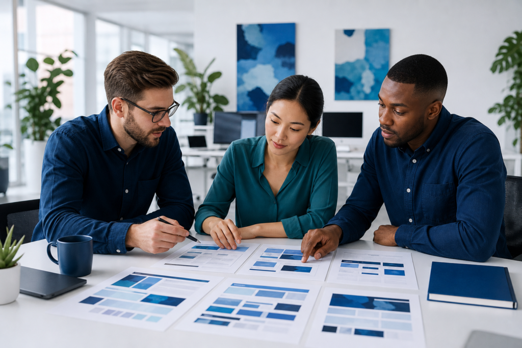Small business team reviewing user experience design on a website wireframe