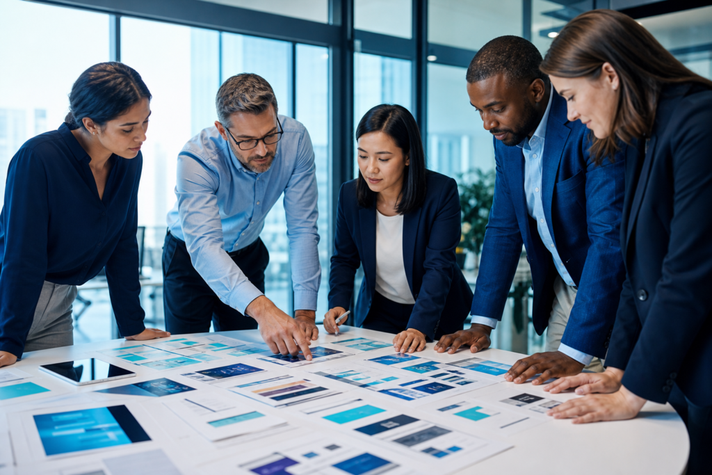 Enterprise team evaluating a user experience design solution in a modern meeting room