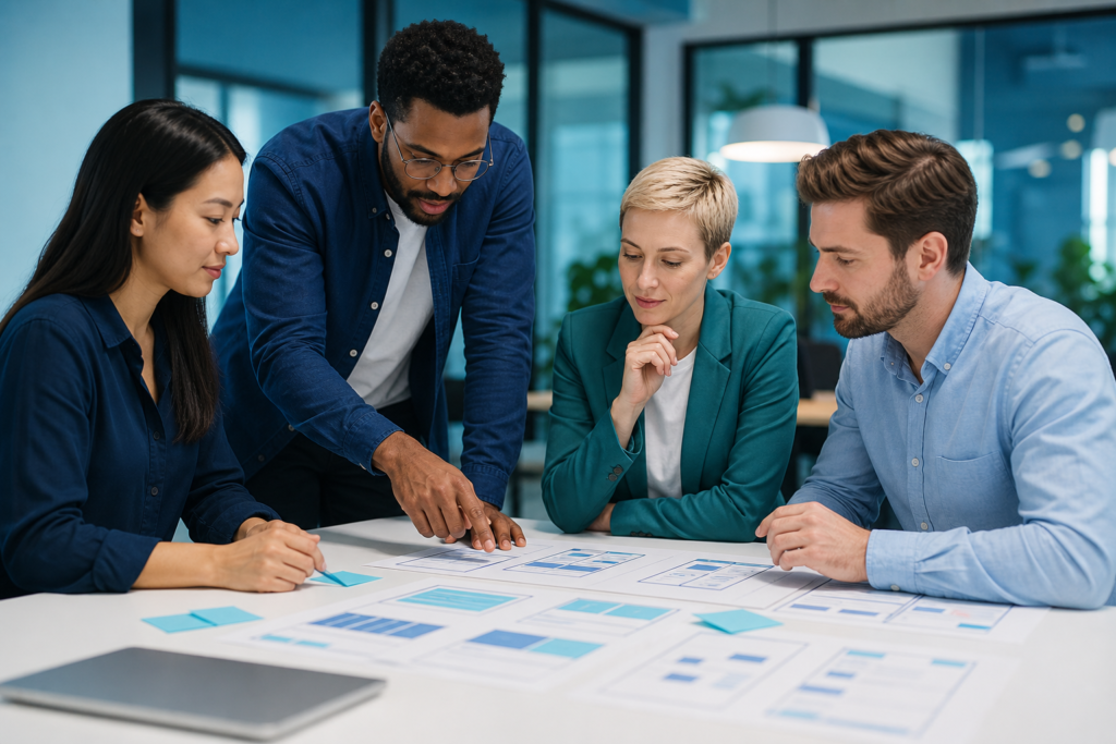 Small business team reviewing user experience design options in a modern workspace