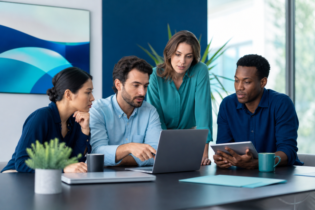 Small business team reviewing user experience design strategy in a modern workspace