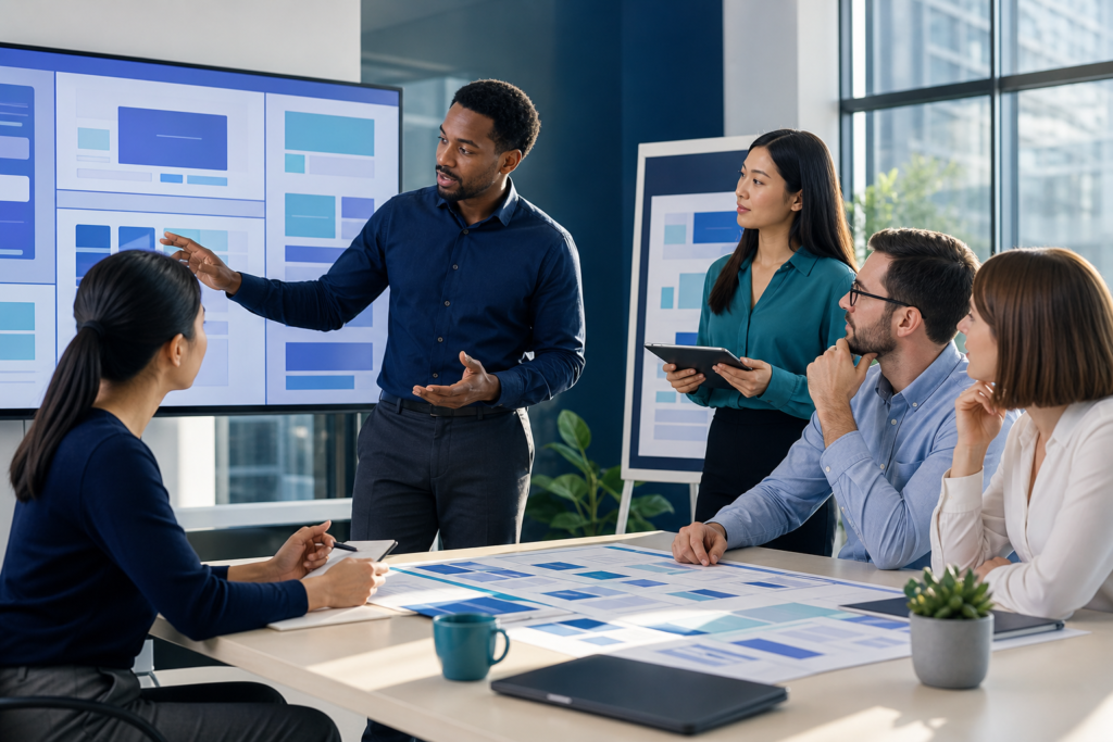 Enterprise team reviewing user experience design trends and opportunities in a modern office