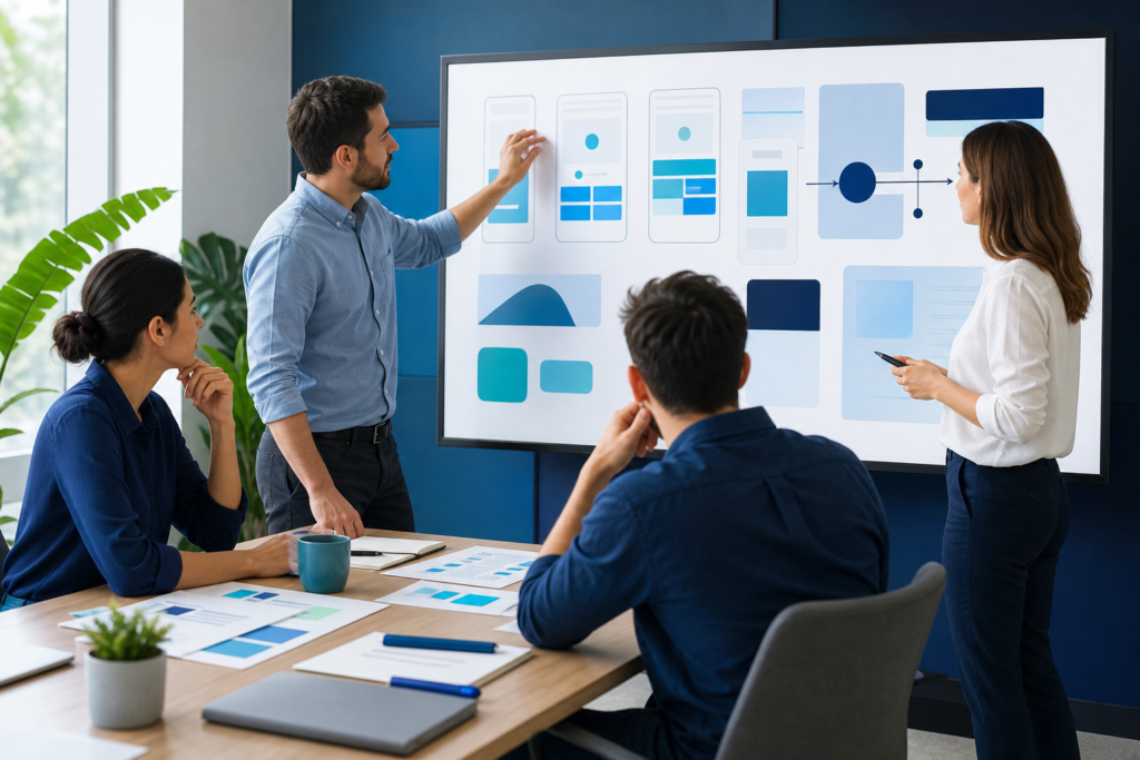 Small business team reviewing user experience design plans on a modern workspace screen