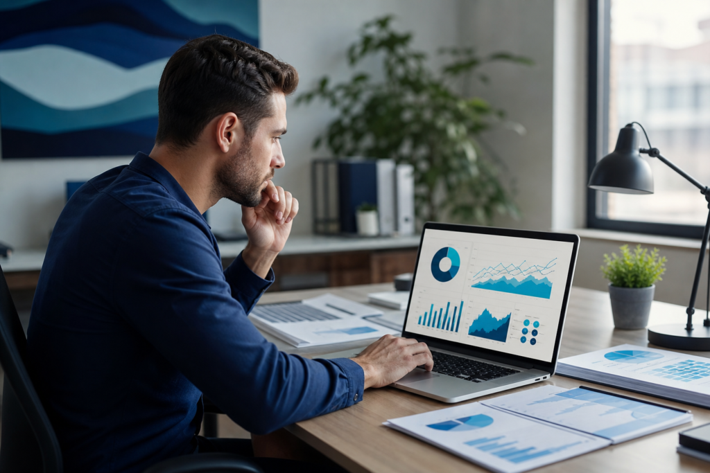 Marketing analyst reviewing campaign tracking data and UTM parameters on a laptop