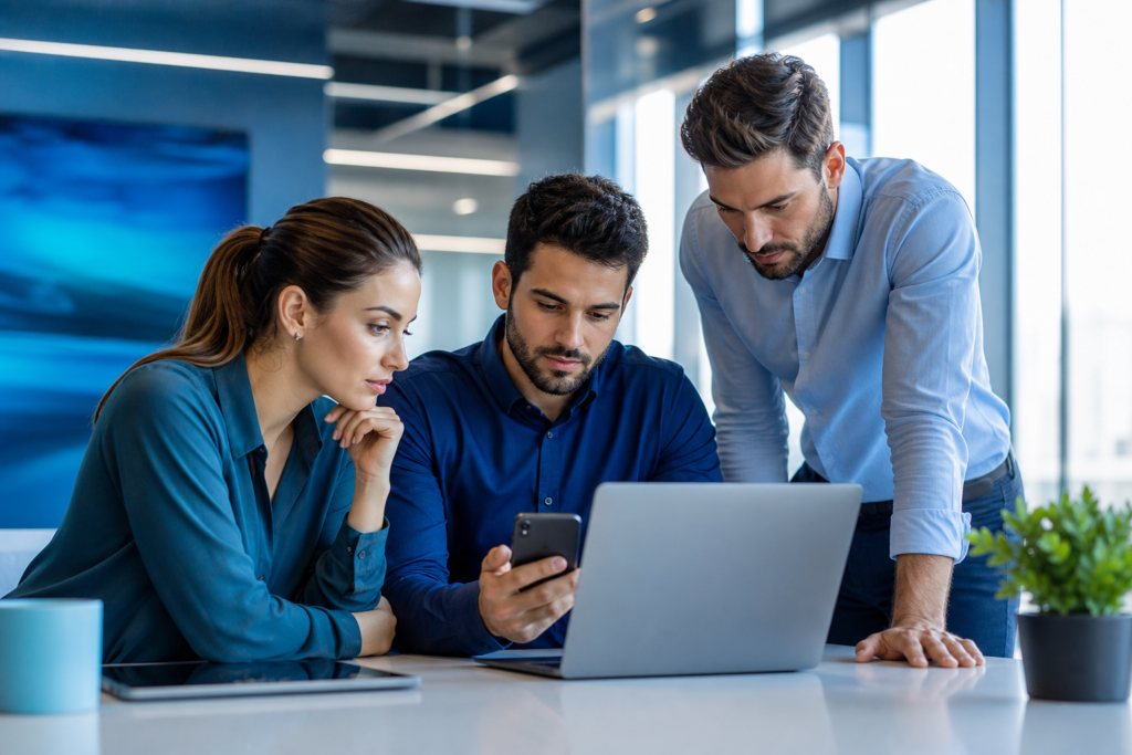 Business team comparing web app and mobile app options on laptop and smartphone