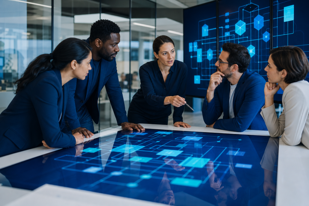 Enterprise team planning web application architecture on a digital strategy workspace