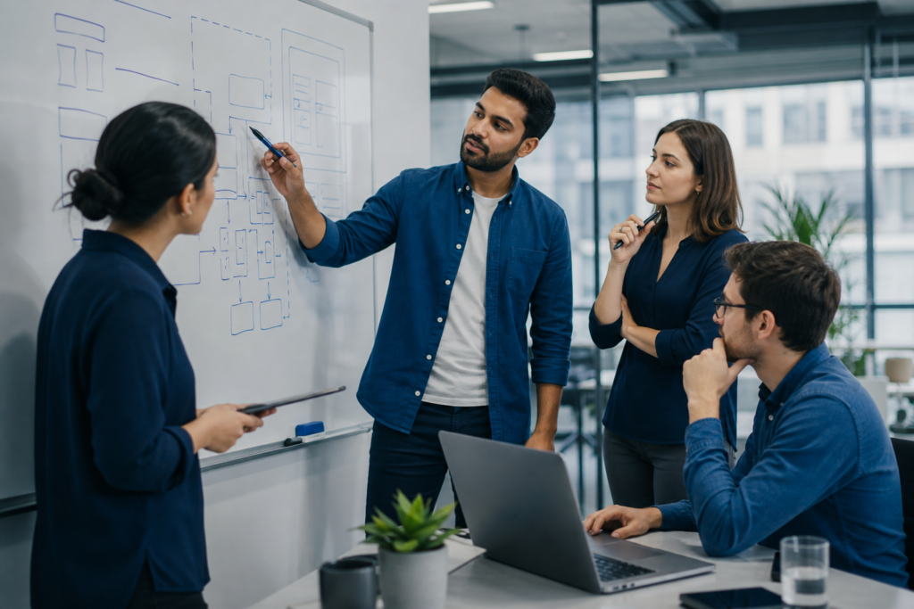 Startup team planning web application architecture in a modern workspace