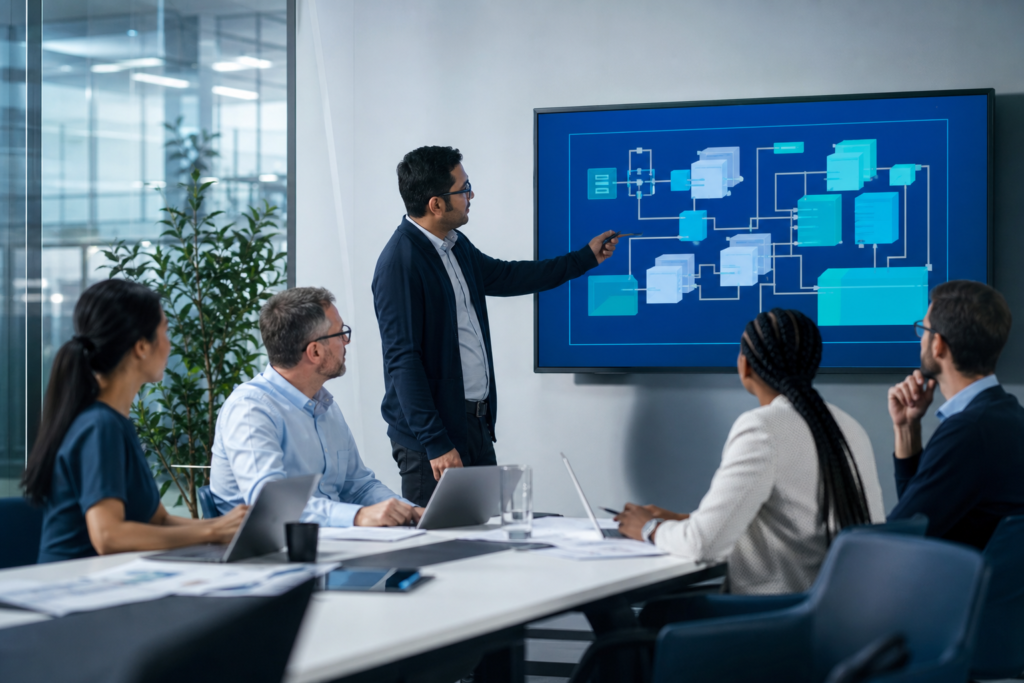 Enterprise team reviewing a web application architecture plan in a modern office