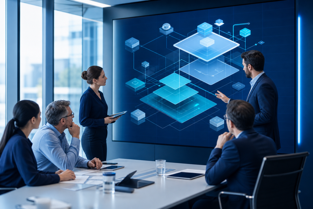 Enterprise team reviewing web application architecture planning in a meeting room