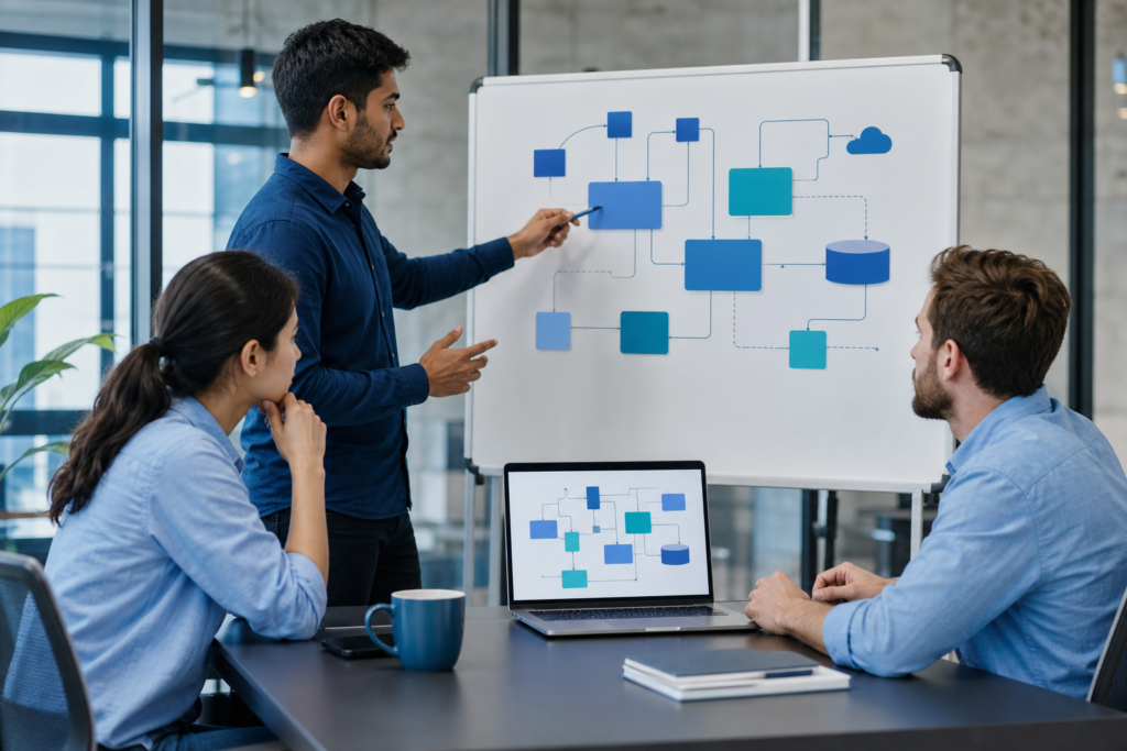 Startup team reviewing web application architecture planning in a modern workspace