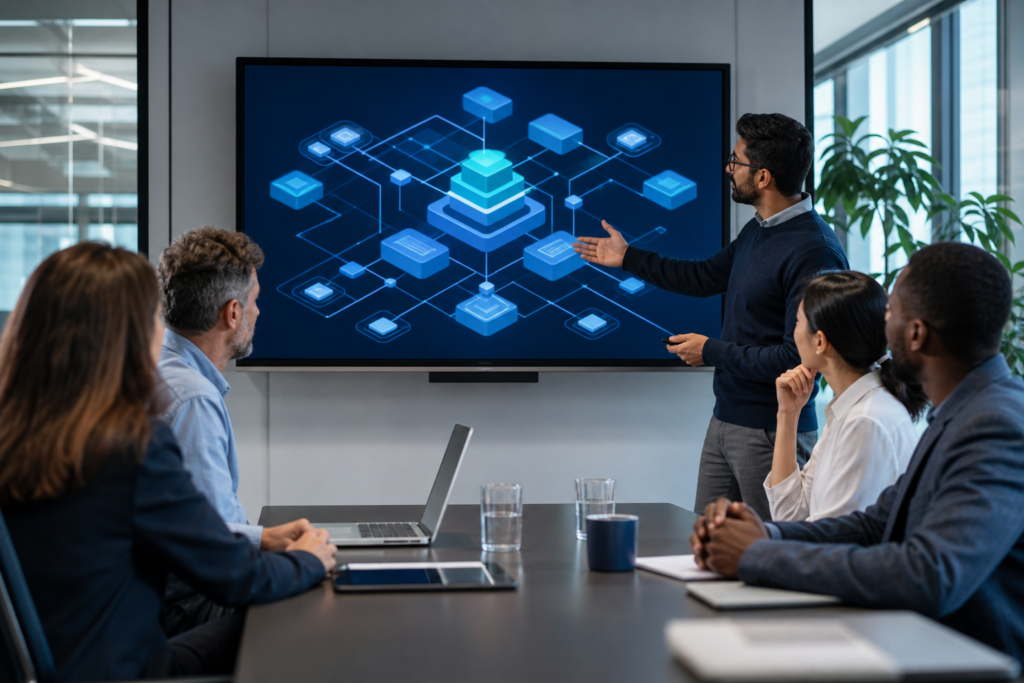 Enterprise team reviewing web application architecture plans in a modern office