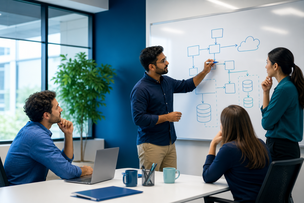 Startup team planning web application architecture in a modern office
