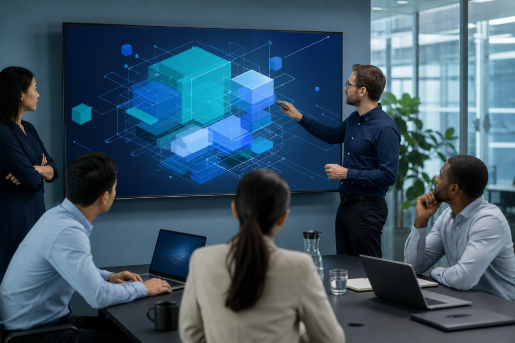 Enterprise team reviewing web application architecture diagrams in a modern office