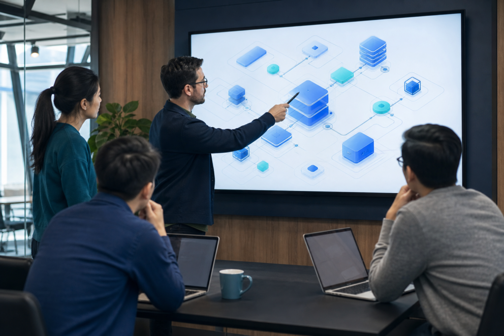 Startup team reviewing web application architecture diagram in a modern workspace