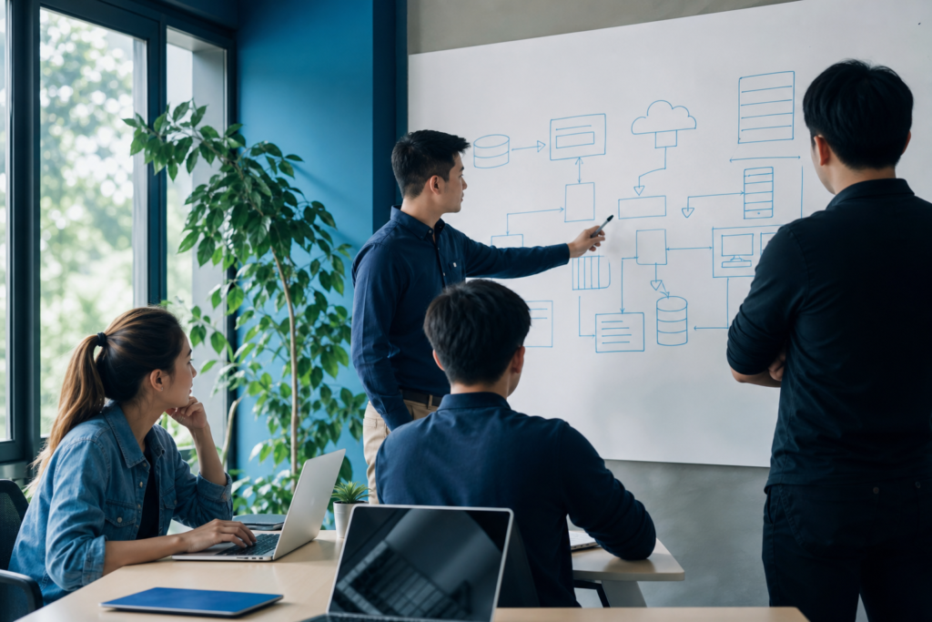 Startup team discussing web application architecture planning in a modern office