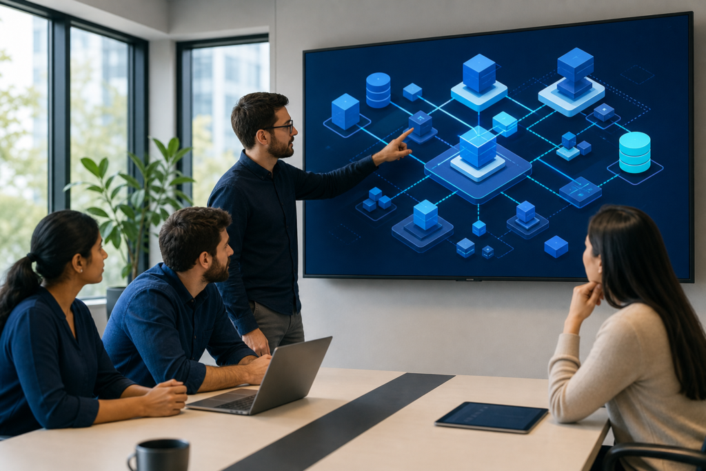 Startup team reviewing a web application architecture plan in a modern workspace