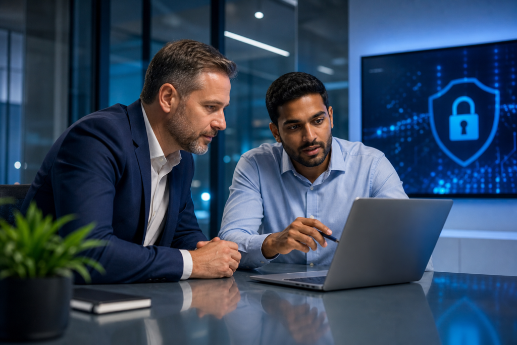 Business owner and consultant reviewing web application security checklist