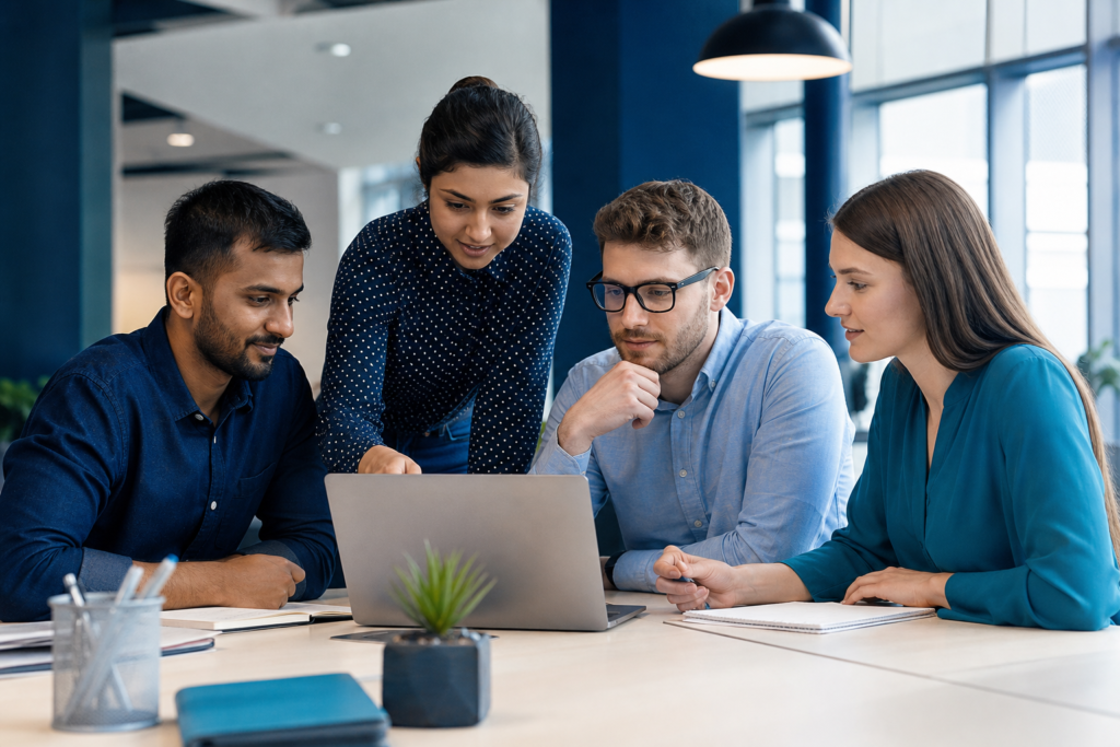 Startup founder and development team discussing web project planning in a modern office