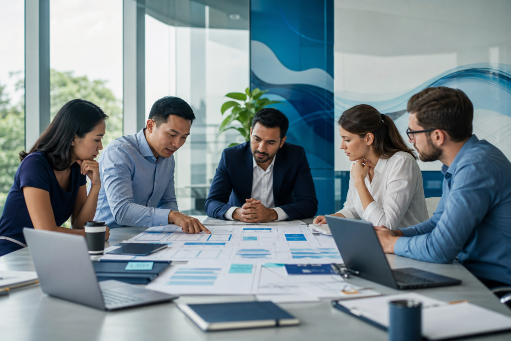 Enterprise team reviewing a web development outsourcing checklist in a modern office