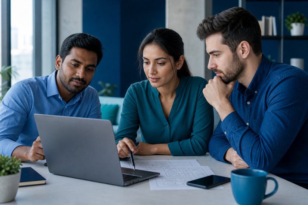 Startup team reviewing a web development outsourcing checklist in an office
