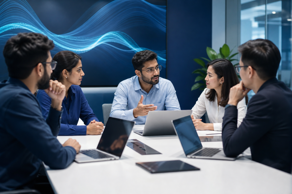 Enterprise team planning web development outsourcing in a modern office