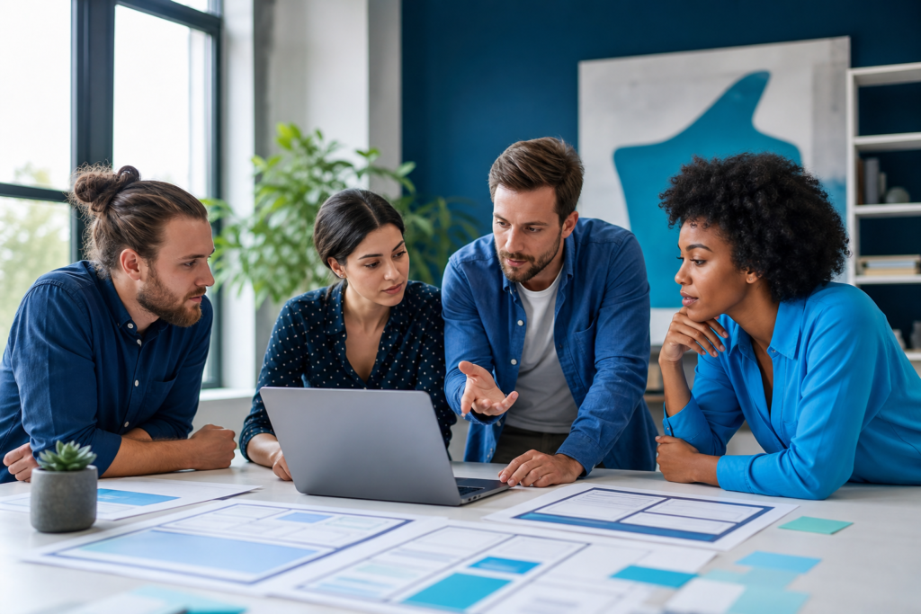 Startup team planning web development outsourcing strategy in a modern workspace