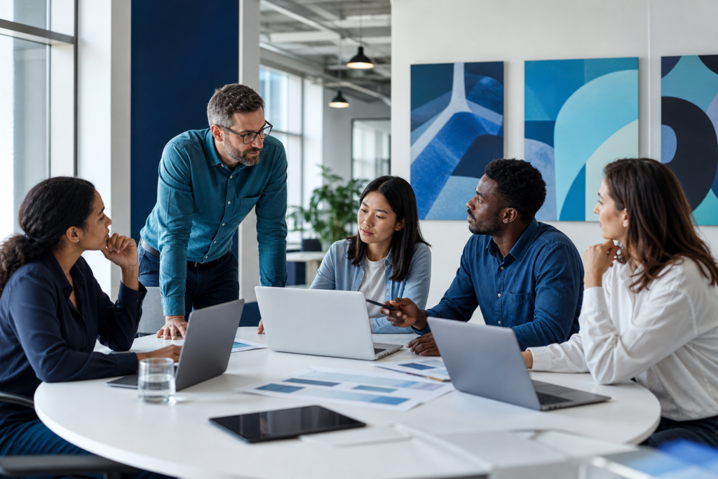 Enterprise team planning web development outsourcing strategy in a modern office