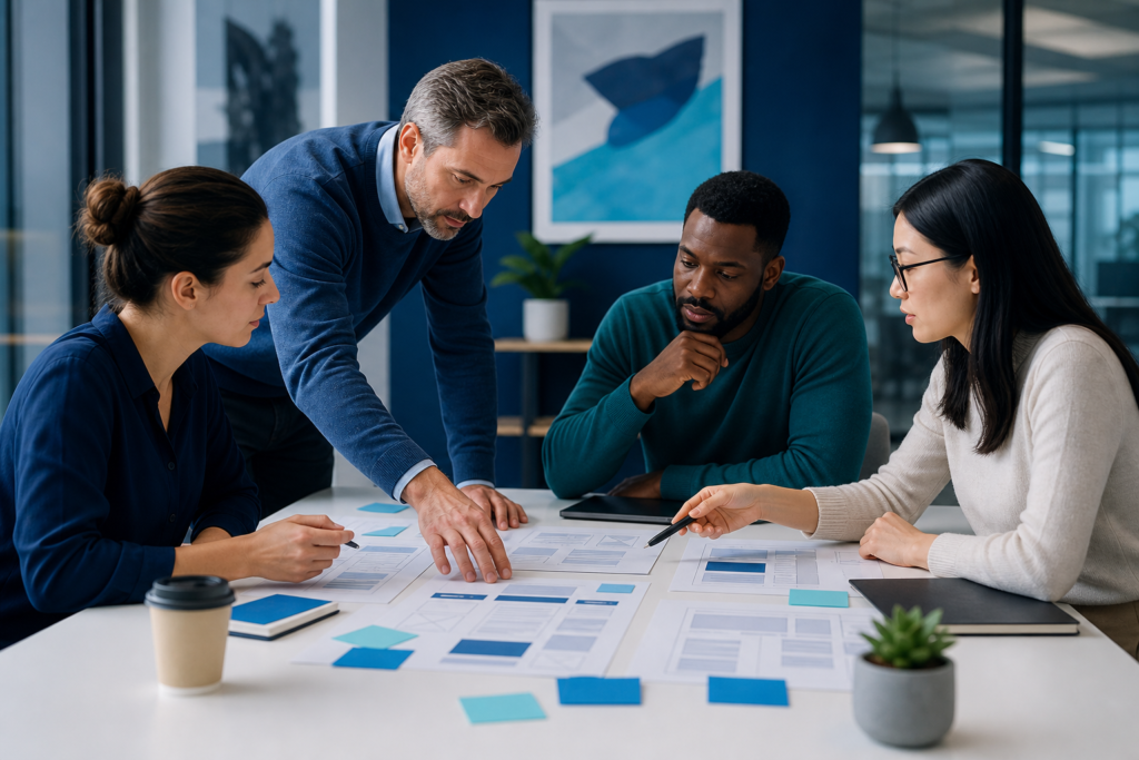 Enterprise team reviewing website outsourcing plans in a modern office
