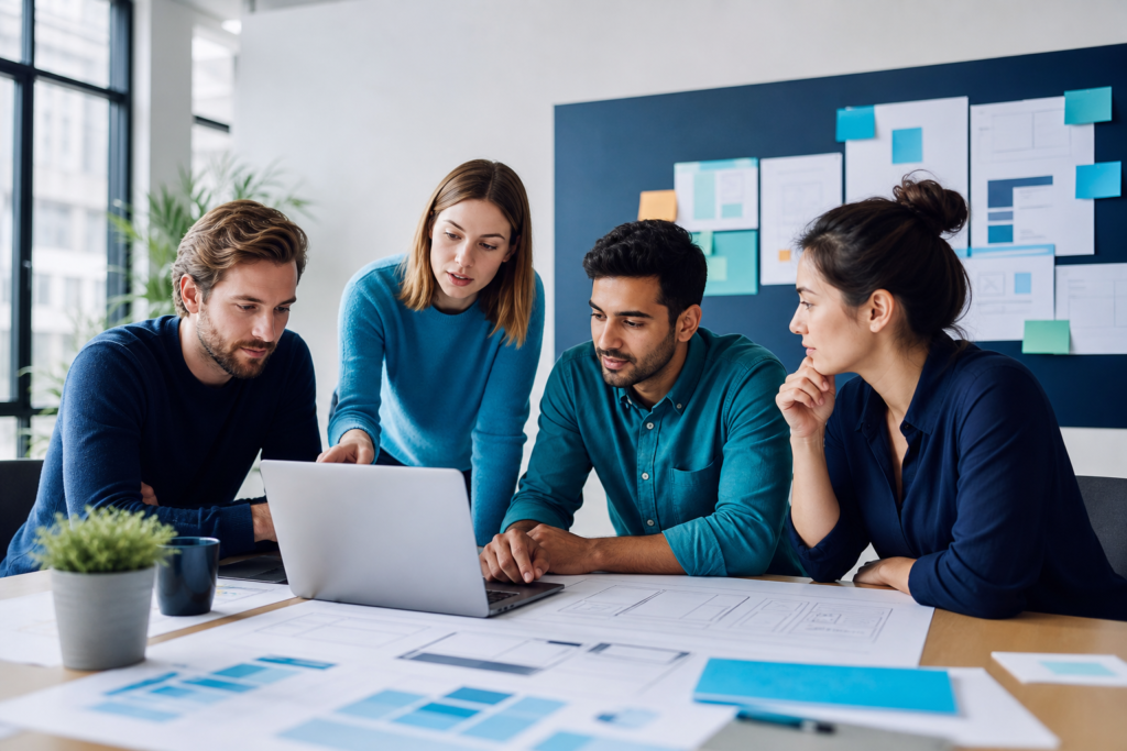 Startup team reviewing a web development project plan in a modern office