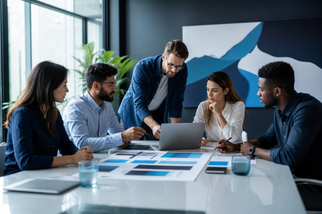 Enterprise team reviewing a web development outsourcing strategy in a meeting room