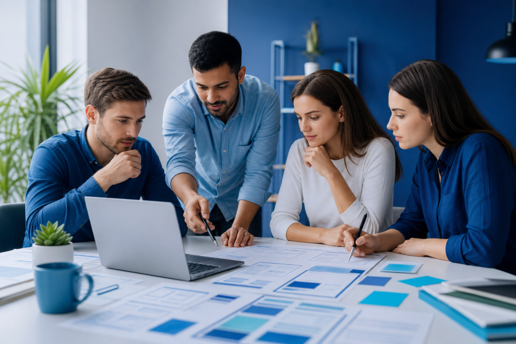 Startup team discussing web development outsourcing strategy in a modern workspace