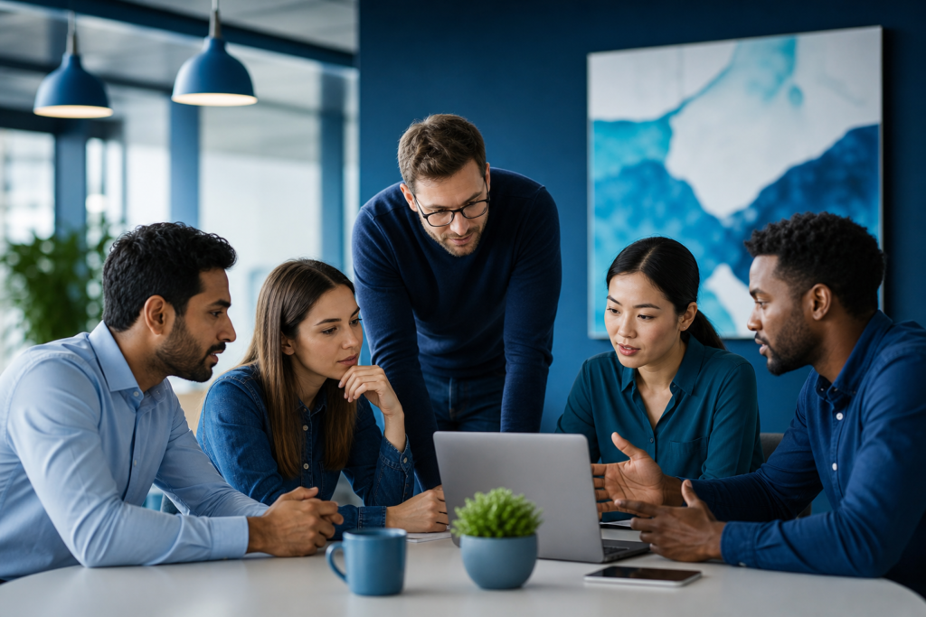Enterprise team discussing web development outsourcing strategy in a modern office
