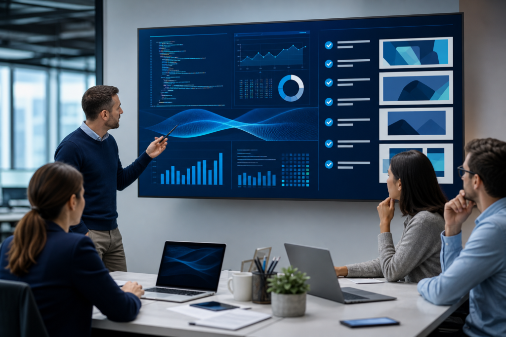 Enterprise team reviewing web development quality assurance process in a modern office