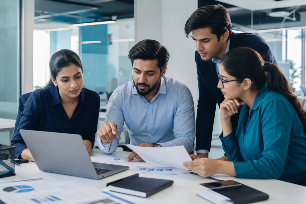 Enterprise team reviewing a web development quality assurance checklist in a modern office