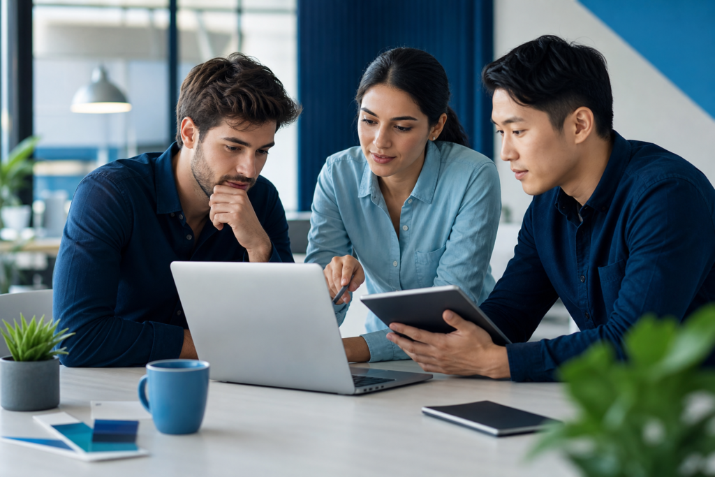 Startup team reviewing a web development quality assurance checklist in a modern workspace