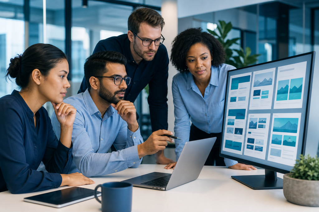 Enterprise team reviewing web development quality assurance planning in a modern office