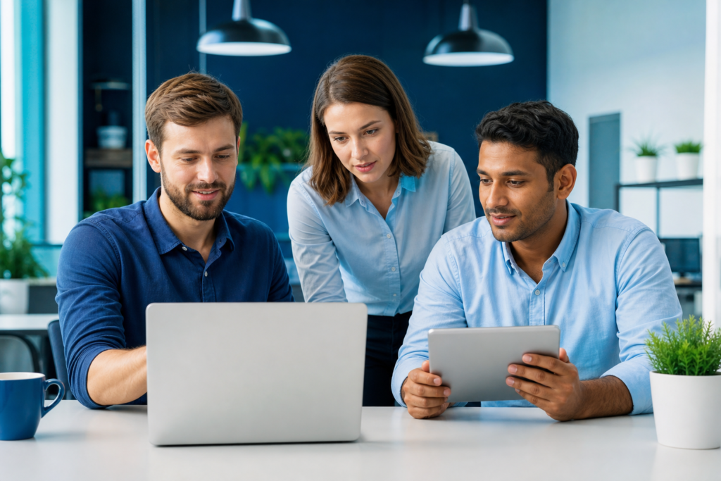 Startup team reviewing web development quality assurance checklist in a modern workspace