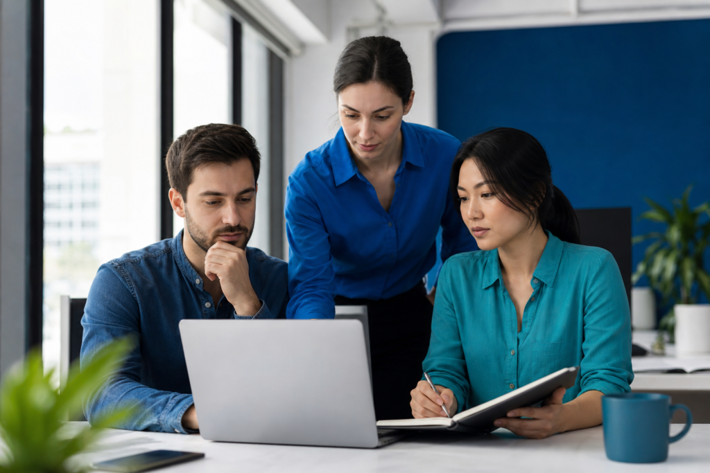 Startup team reviewing web development quality assurance planning in a modern workspace