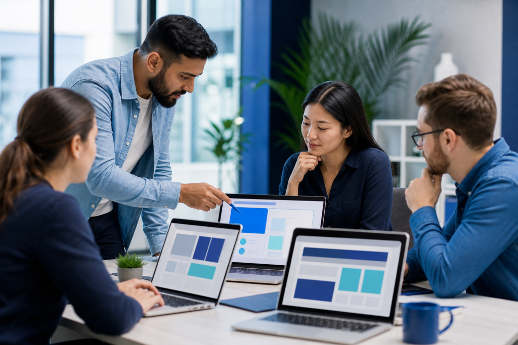 Startup team reviewing web development quality assurance checklist in a modern office